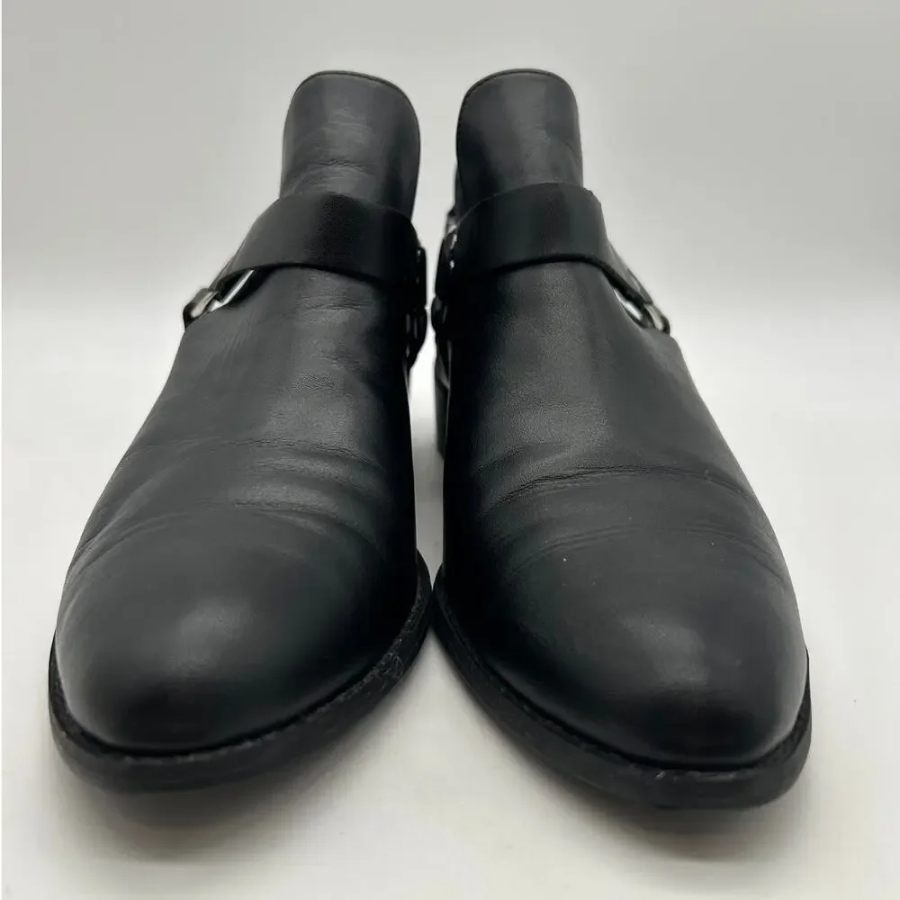 BP Nordstrom Black Leather Moto Ankle Boot Size 8.5 Harness Ring Zip Buckle Fall